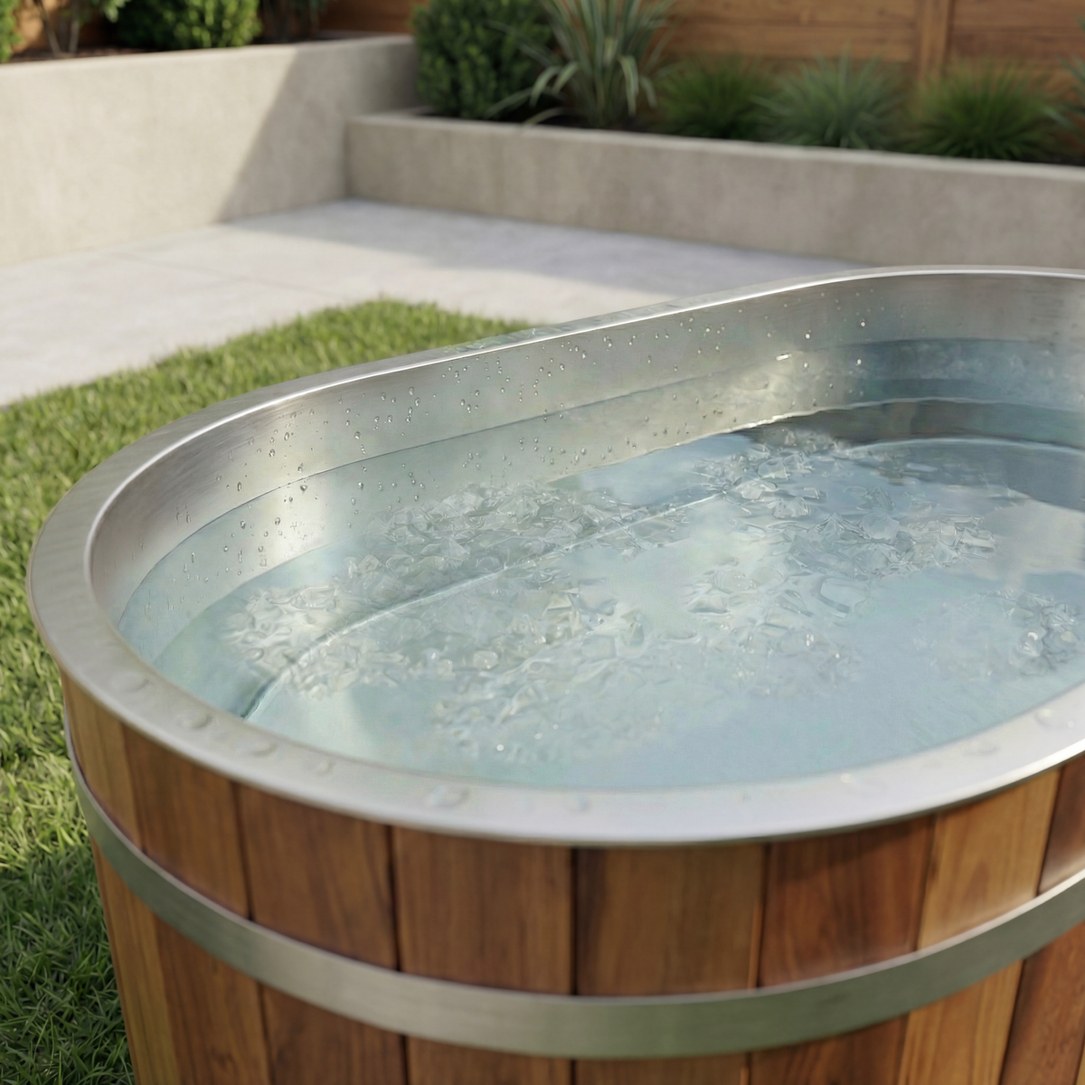 Close-up of a Red Solo Cedar Tub filled with iced water