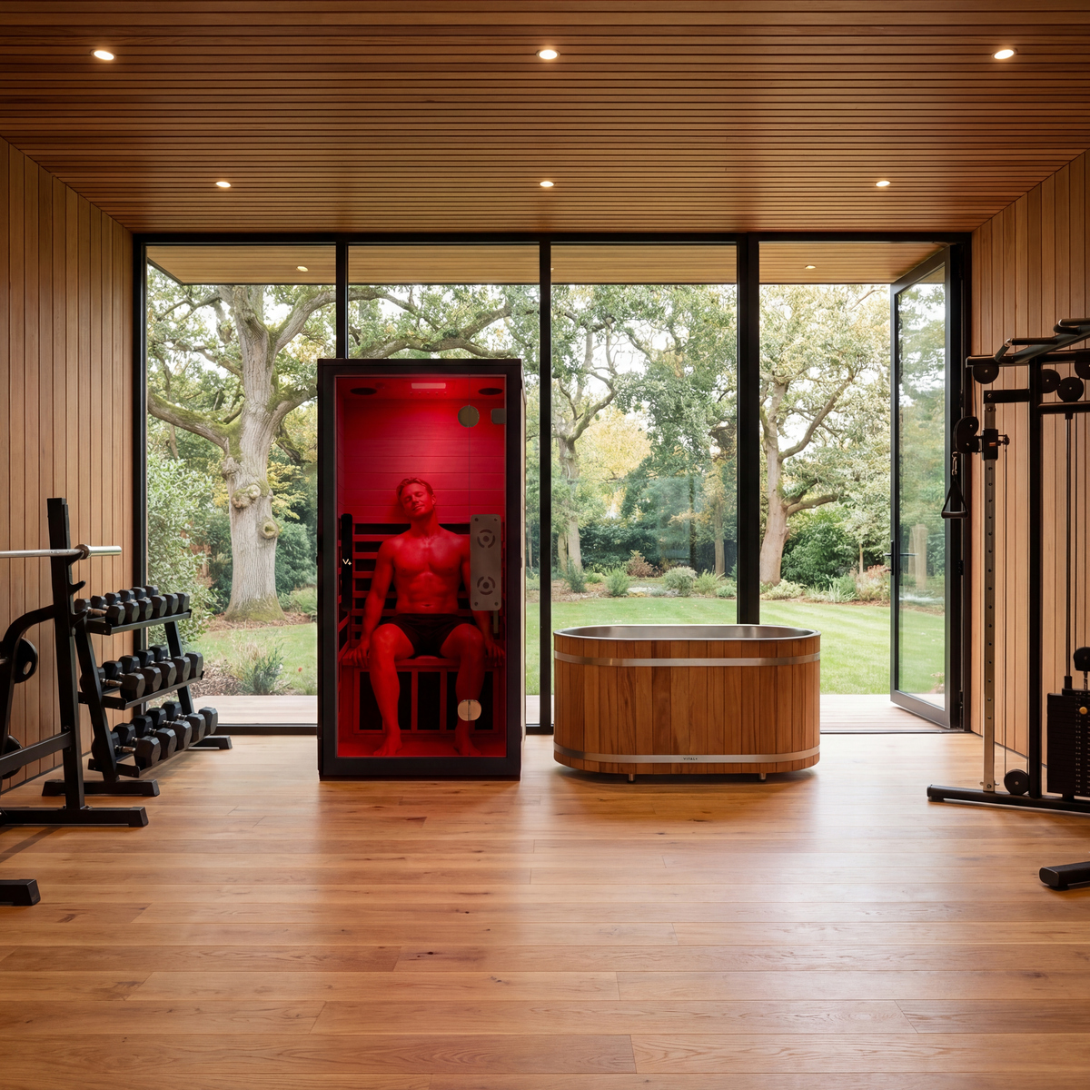 Modern indoor gym with a red solo cedar tub and XEN infrared sauna