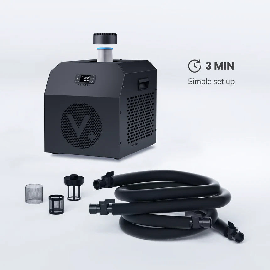 Black Ultra X2 Chiller with hoses and filters on a white background